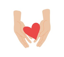 A red heart in the palms. I give love and protection. Logo of good deeds and help. Vector isolated colorful element. 