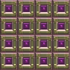 Olive color glass mosaic tile with purple ornament seamless background.
