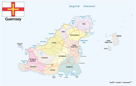 Administrative districts and road map Card of the Channel Island Guernsey with flag 