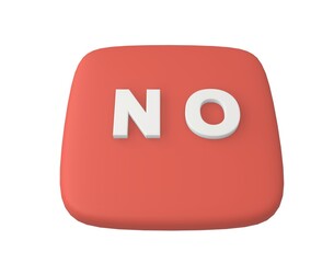 3d visualization of a button with the inscription NO. Expression of negative emotion or response. 3d render.Soft red base color with white raised lettering. Symbolizes the rejection of something.