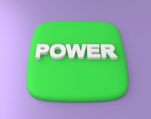 3d visualization of a green button with a white volumetric designation "power". Soft green with subsurface scattering. Convex image. White inscription power.