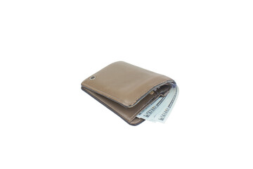 Old closed wallet with money isolated on a white background.