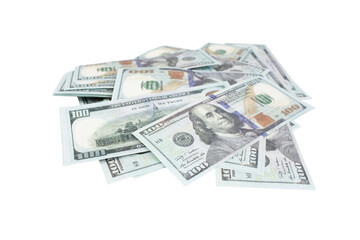 Many US dollar banknotes isolated on white background.