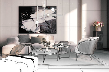 Cute Sitting Group Inside a Modern Style Apartment With Artwork (project) - 3D Visualization