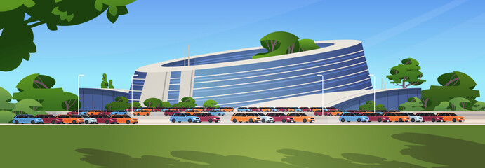 future city futuristic unusual shapes buildings and green trees modern architecture urban town cityscape background © mast3r