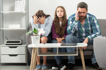 Psychological parents problem. Trouble couple with unhappy child teenager discussing problems in...
