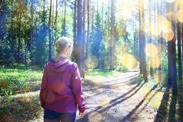 spring forest female windbreaker trekking, springtime rest nature landscape background woman tourist