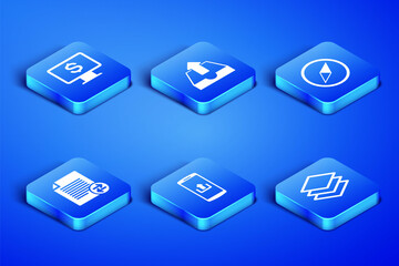 Set Layers, Monitor with dollar, Smartphone upload, Transfer files, Upload inbox and Wind rose icon. Vector