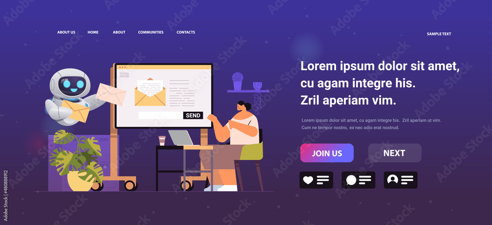 Poster businesswoman with robot helper sending or receiving letters email inbox message notification artifi