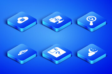 Set Cloud with moon and stars, mail server, Unknown document, UFO flying spaceship, FTP folder download and Search location icon. Vector