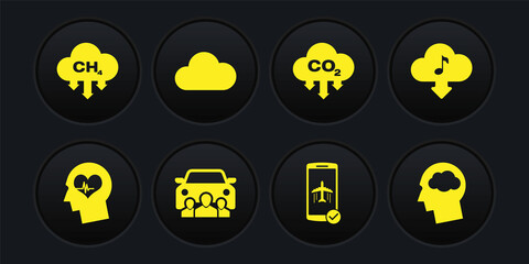 Set Head with heartbeat, Cloud download music, Car sharing, Flight mode the mobile, CO2 emissions cloud and Music streaming service icon. Vector