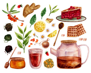 Watercolor clipart with tea