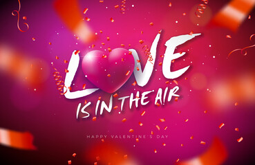 Love is in the Air. Valentines Day Design with Heart and Falling Confetti on Shiny Red Background. Vector Wedding and Romantic Valentine Theme Illustration for Flyer, Greeting Card, Banner, Holiday