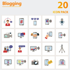 Blogging icon set. Collection of simple elements such as the lifestyle, hashtag, engagement rate, brand collaboration, photo filter, dialogue, influencer marketing.