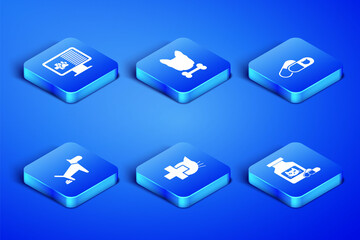 Set Cat medicine bottle and pills, Clinical record pet on monitor, Veterinary clinic, Dog pooping, bone and icon. Vector