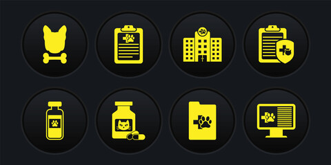 Set Pets vial medical, Clinical record pet, Cat medicine bottle and pills, , Veterinary hospital and icon. Vector