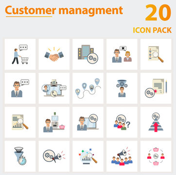 Customer Management icon set. Collection of simple elements such as the consumer behavior, business relation, campaign management, consumer journey,  lead, analytical reporting.