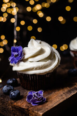 Chocolate cupcakes with blueberries on a dark table