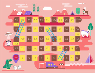 World tour board game template,Funny frame, ladders game, Vector illustrations.