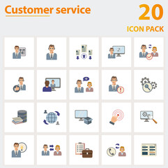 Customer Service icon set. Collection of simple elements such as the agent console, call center, case priority, customer support, helpdesk, knowledge base, computer-telephony integration.