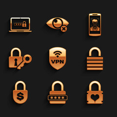 Set Shield with VPN wireless, Password protection, Padlock heart, Lock, Money and and key icon. Vector