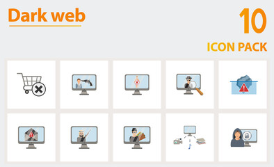Dark Web icon set. Collection of simple elements such as the black market, cyber hitman, adult content, incognito browsing, torrent network, web terrorism, hacking technology.