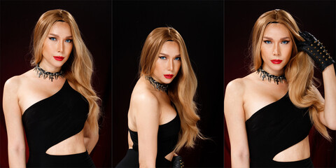 Beautiful LGBT or LGBTQIA+ Transgender woman wear sexy red dress black blonde hair. 30s 40s female