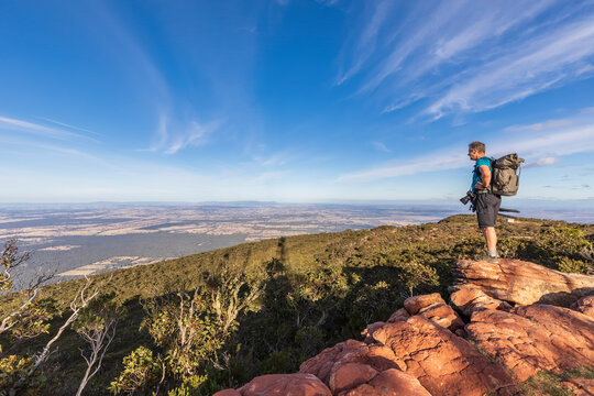 Australia, Victoria, Male tourist admiring surrounding landscape from Mount William in Grampians National Park