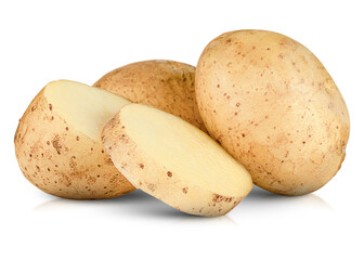 whole and sliced potatoes on a white isolated background