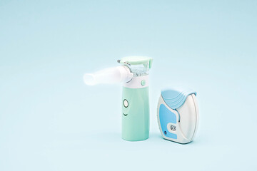 Different asthma inhalers. Aerosol for inhalation, treatment of bronchial asthma, COPD. Pharmaceutical product for treat lung inflammation and prevent asthma attack. 