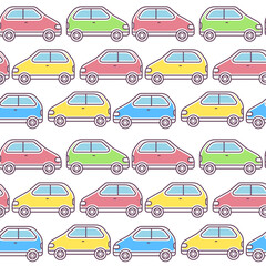 Fototapeta na wymiar Line art style design of car traffic seamless pattern on white background. Vector kid illustration of colorful car driving on road