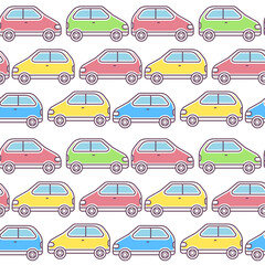 Fototapeta premium Line art style design of car traffic seamless pattern on white background. Vector kid illustration of colorful car driving on road