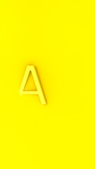 Letter A Is yellow on yellow background. Part of letter is immersed in background. Vertical image. 3D image. 3D rendering.