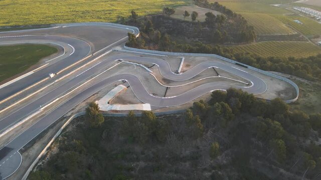 Aerial view over racing track. Morning sunrise in Alcarras, Spain.