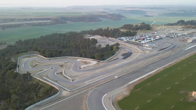 Aerial view over racing track. Morning sunrise in Alcarras, Spain.