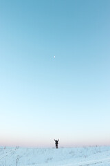 rare view of a man in the snow field, the moon above him, meditating, car in the snow,