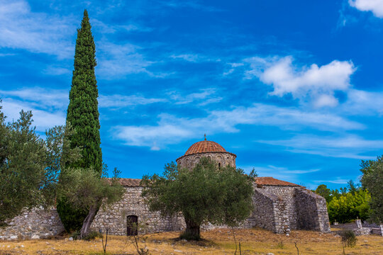 Greece, Rhodes, Rhodes, Exterior of Moni Thari monastery on summer day