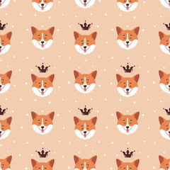 Corgi seamless pattern. Cute and happy welsh corgi faces with crowns and polka dot background. Funny dog characters. Stylish vector illustration.