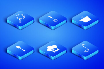 Set Kitchen ladle, Frying pan, Chef hat with fork and spoon, Spoon, and Cooking pot icon. Vector