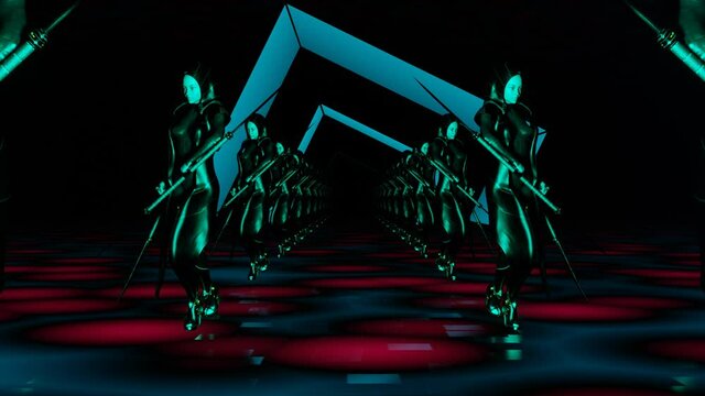 VL Loop Tunnel of spinning Warrior girls. 3D Render