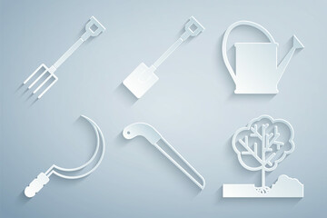 Set Garden saw, Watering can, Sickle, Planting tree the ground, shovel and pitchfork icon. Vector