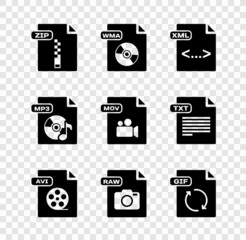 Set ZIP file document, WMA, XML, AVI, RAW, GIF, MP3 and MOV icon. Vector
