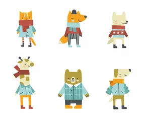 Fototapete Roboter Cartoon gekleidete Tiere gesetzt. Doodle-Sammlungen von stilisierten stehenden Säugetieren in Kleidung.