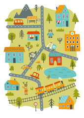 Naklejka premium Cartoon little town map print for nursery carpet. Cityscape baby poster with animals, houses and cars.
