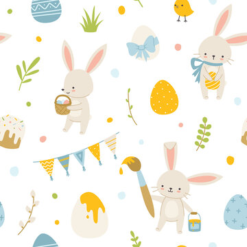 Cute baby easter bunny with painted eggs pattern. Seamless vector print for textile, fabric, apparel, paper.