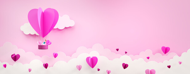 Valentine's Day concept. Woman throws hearts from hot air balloon. Paper art style. 3D rendering.