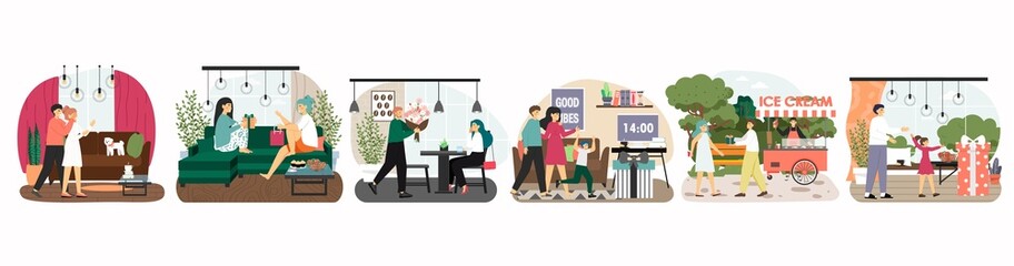 Happy people giving and receiving gifts and flowers, vector illustration. Surprise birthday, other holiday presents.