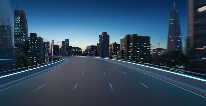 Curvy flyover highway moving forward road with cityscape
