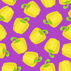 Yellow bell pepper on a purple background. Seamless pattern for fabric, napkins, packaging.