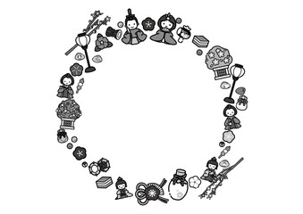 ひな祭りのかわいい円形フレーム／白黒　モノクロ